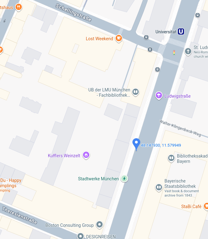 ein Screenshot von Google Maps, der den Ort des Stands zeigt, Ludwigstraße 23
