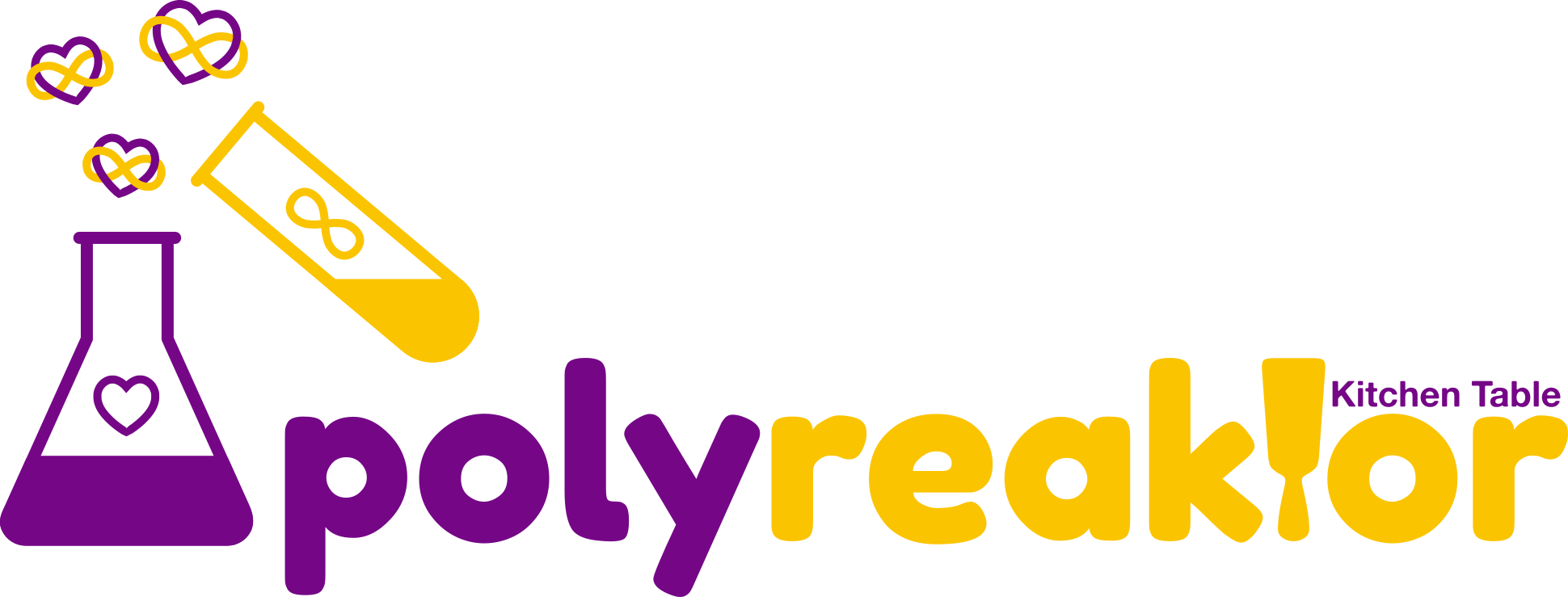 Polyreaktor logo: Stilisierte Zeichnung eines Erlenmeyer-Kolbens
mit Herz darauf, ein Reagenzglas mit Unendlichkeitssymbol darüber,
dessen Inhalt in den Kolben geschüttet wird. Über dem Kolben bildet
sich eine Wolke aus Infinity-Heart-Symbolen